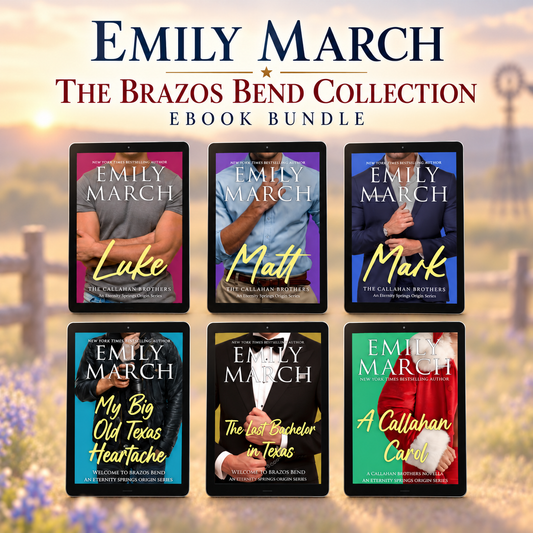 Promotional graphic for 'The Brazos Bend Collection' ebook bundle by Emily March, showing six romance novel covers arranged in a 2x3 grid against a softly blurred outdoor background with warm sunset tones.