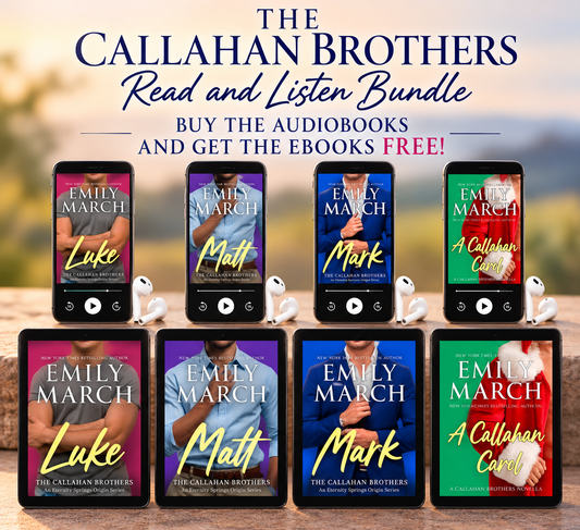 Promotional graphic for 'The Callahan Brothers Read and Listen Bundle' featuring eight audiobook and ebook covers arranged in two rows below large headline text. The books are shown on black device mockups with small white headphones beside them, set against a softly blurred outdoor background.
