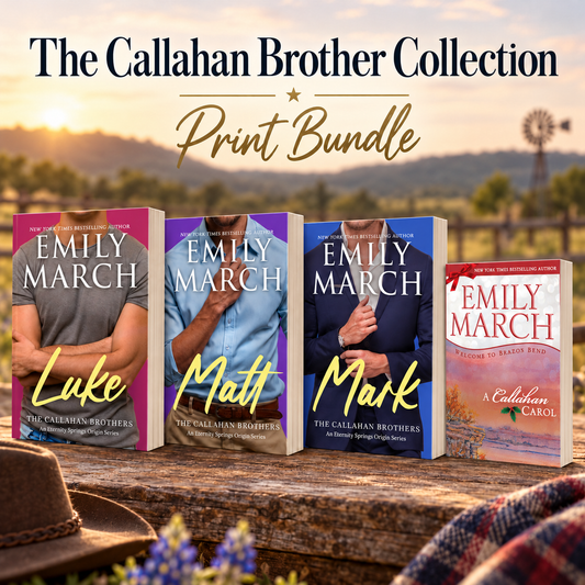 Four paperback books from The Callahan Brother Collection by Emily March are displayed on a rustic wooden surface outdoors, with a cowboy hat in the foreground and a sunset landscape in the background. Large text at the top reads 'The Callahan Brother Collection Print Bundle.